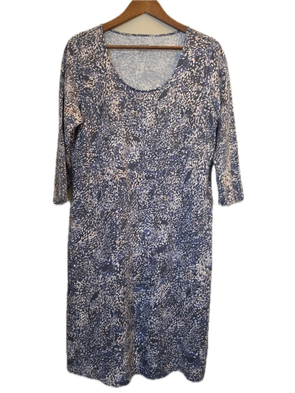 Pure Jill Dress Womens M Blue Geometric A-Line Scoop Neck Midi Knit 3/4 Sleeve